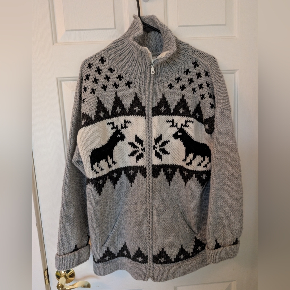 Wool  Cardigan Gray Knit Sweater With Black Accents.  Made In Ecuador Size Large
